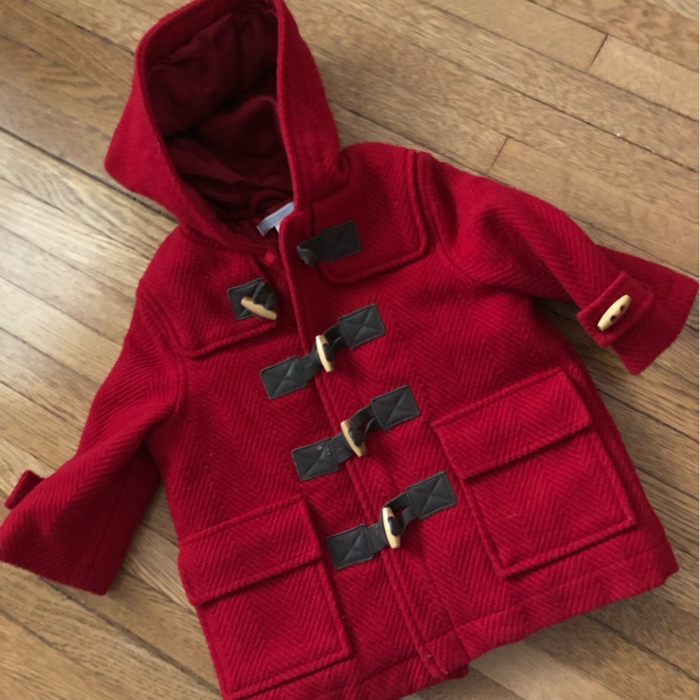 JANIE AND JACK boys red wool winter coat 6-12 months hooded tweed style toggle